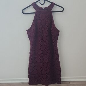 Lulus Love Poem Burgundy Lace Halter Mini Dress